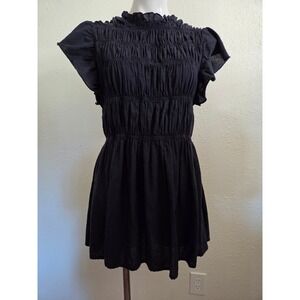 Wishing Waves Black Smocked MiniDress Womens XL Cotton Flutter Sleeve RuffleNeck